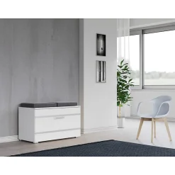 ALMORA - Meuble à chaussures - 4 niches + 2 coussins - 85x45x35 cm - Banc à chaussures - BLANC