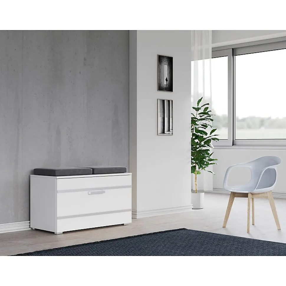 ALMORA - Meuble à chaussures - 4 niches + 2 coussins - 85x45x35 cm - Banc à chaussures - BLANC
