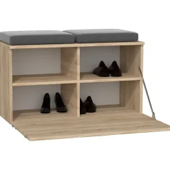 ALMORA - Meuble à chaussures - 4 niches + 2 coussins - 85x45x35 cm - Banc à chaussures - Chêne Sonoma