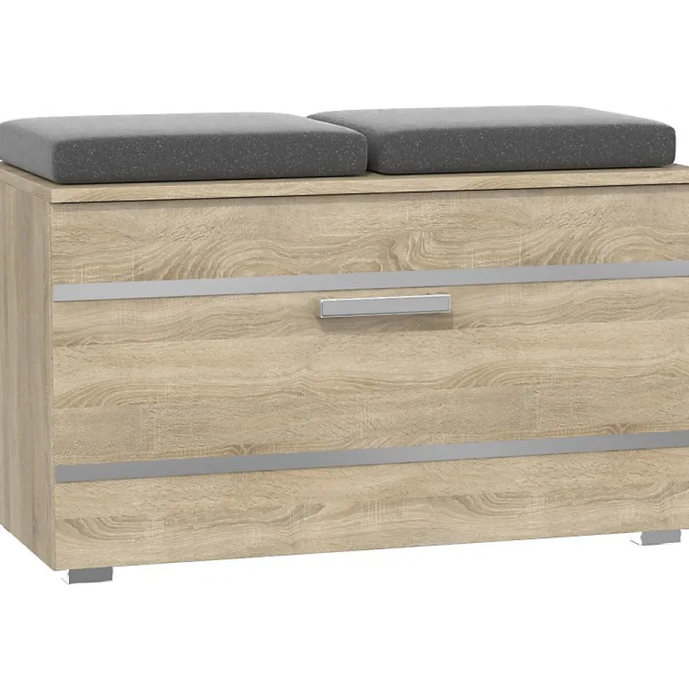 ALMORA - Meuble à chaussures - 4 niches + 2 coussins - 85x45x35 cm - Banc à chaussures - Chêne Sonoma