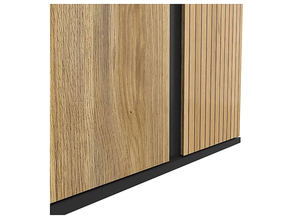 Armoire à 2 portes avec décor lamelles ,coloris Chêne/Noir - Longueur 95 x Profondeur 55 x Hauteur 196 cm
