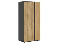 Armoire à 2 portes avec décor lamelles ,coloris Chêne/Noir - Longueur 95 x Profondeur 55 x Hauteur 196 cm