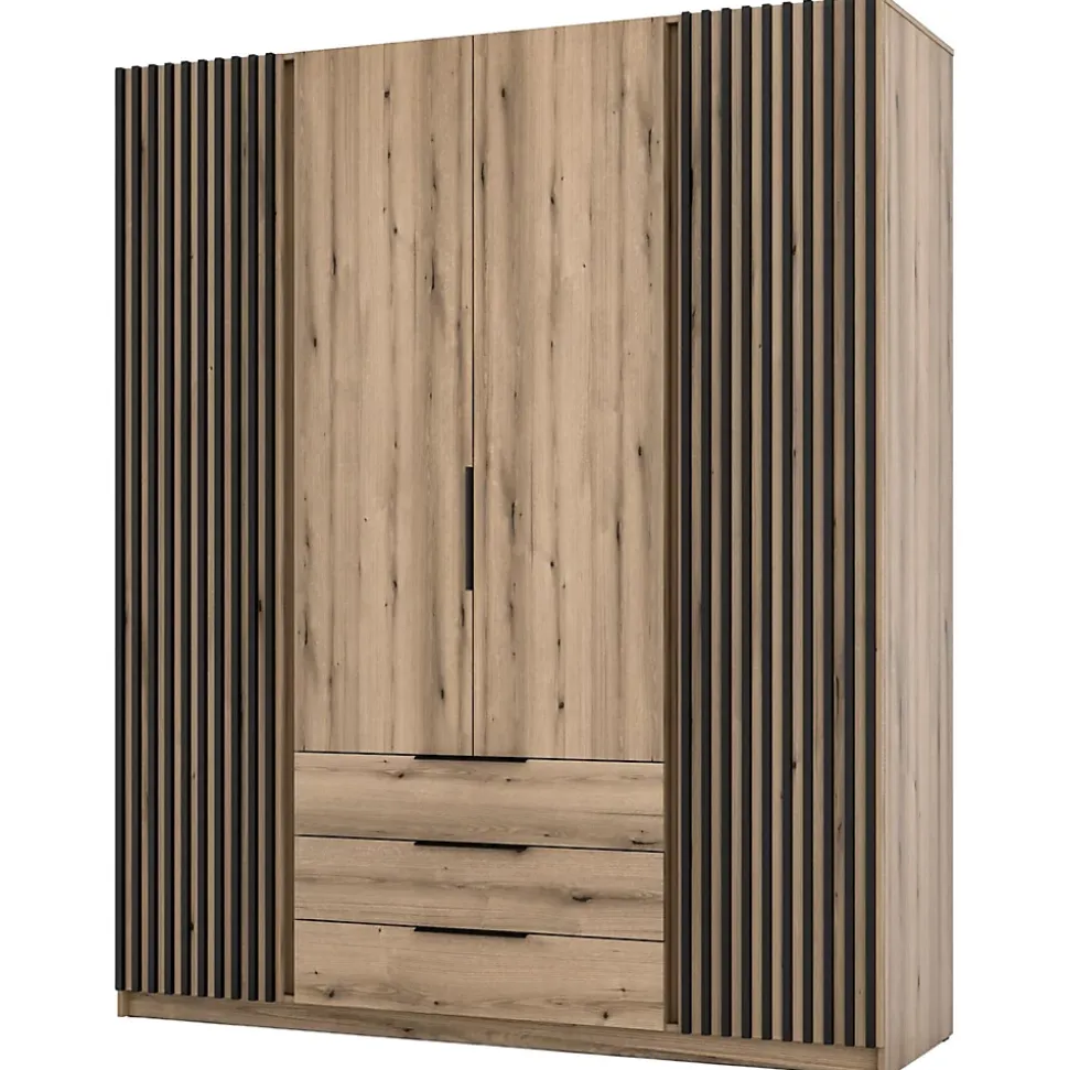 Armoire à 4 portes avec lamelles et 3 tiroirs 200 cm KAJA chêne evoke