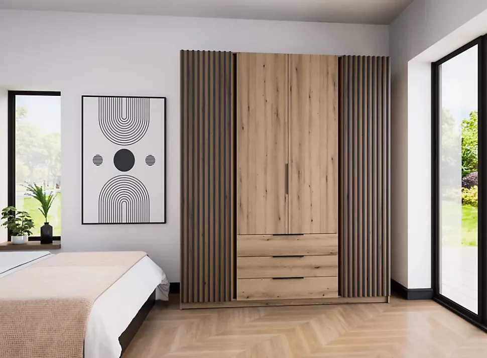 Armoire à 4 portes avec lamelles et 3 tiroirs 200 cm KAJA chêne evoke
