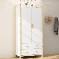 Armoire à 2 portes avec tringle et tiroirs,90x45x180cm,corps blanc et cadre pin,adaptée chambre salon vestiaire