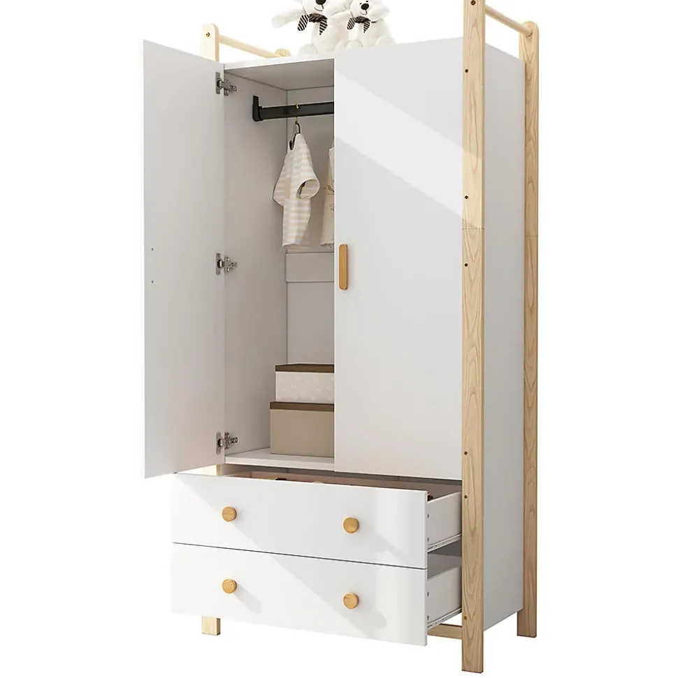 Armoire à 2 portes avec tringle et tiroirs,90x45x180cm,corps blanc et cadre pin,adaptée chambre salon vestiaire