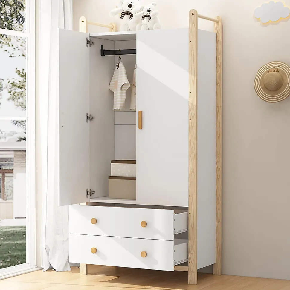 Armoire à 2 portes avec tringle et tiroirs,90x45x180cm,corps blanc et cadre pin,adaptée chambre salon vestiaire