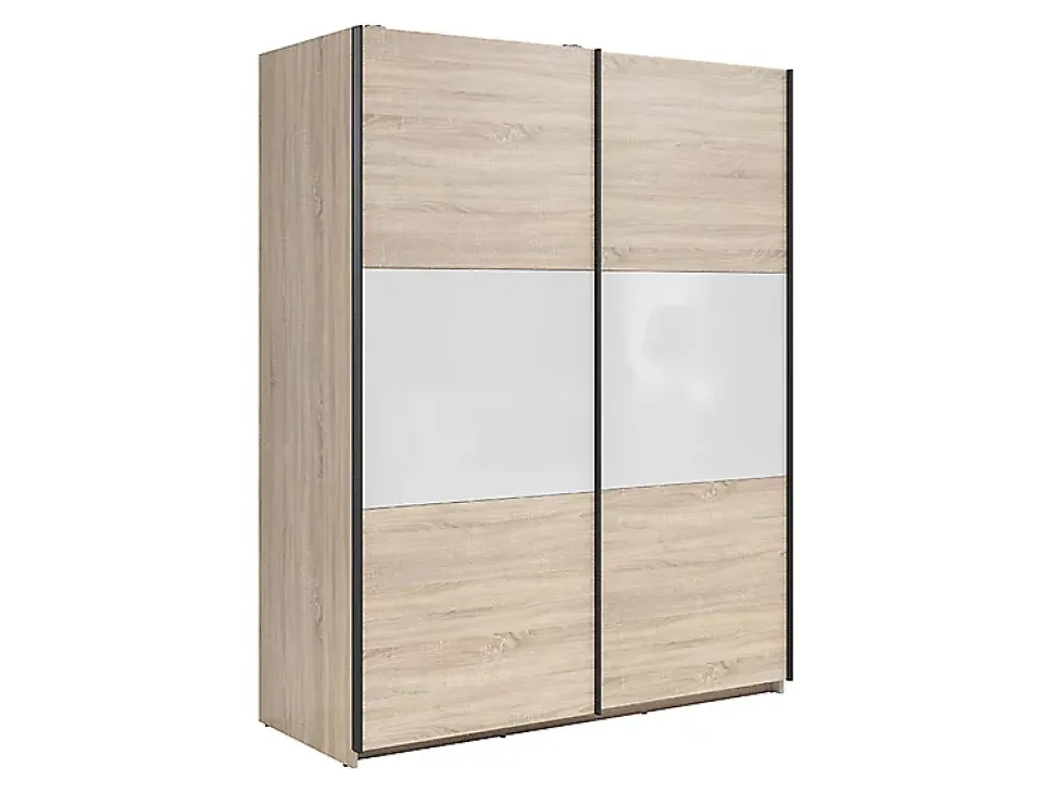 Armoire à 2 portes coulissante coloris Chêne sonoma/Blanc brillant - Longueur 153,5 x Profondeur 60 x Hauteur 195,5 cm