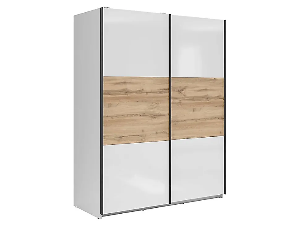 Armoire à 2 portes coulissante coloris Blanc brillant/Chêne wotan - Longueur 153,5 x Profondeur 60 x Hauteur 195,5 cm