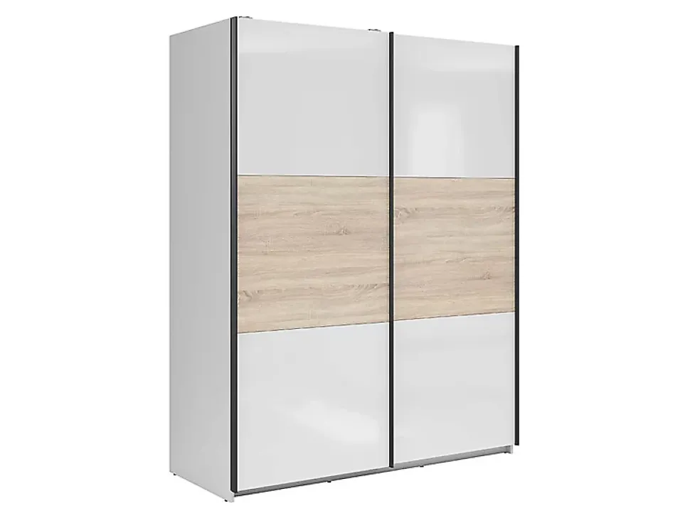 Armoire à 2 portes coulissante coloris Blanc brillant/Chêne sonoma - Longueur 153,5 x Profondeur 60 x Hauteur 195,5 cm