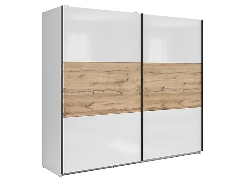 Armoire à 2 portes coulissante coloris Blanc brillant/Chêne wotan - Longueur 220 x Profondeur 60 x Hauteur 195,5 cm