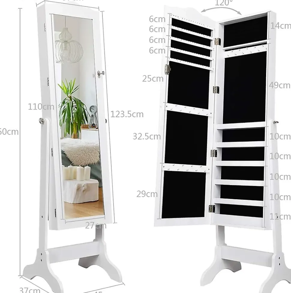 Armoire à Bijoux avec Miroir Réglable Armoire à Bijoux sur Pieds Organiseur de Bijoux Verrouillable Blanc