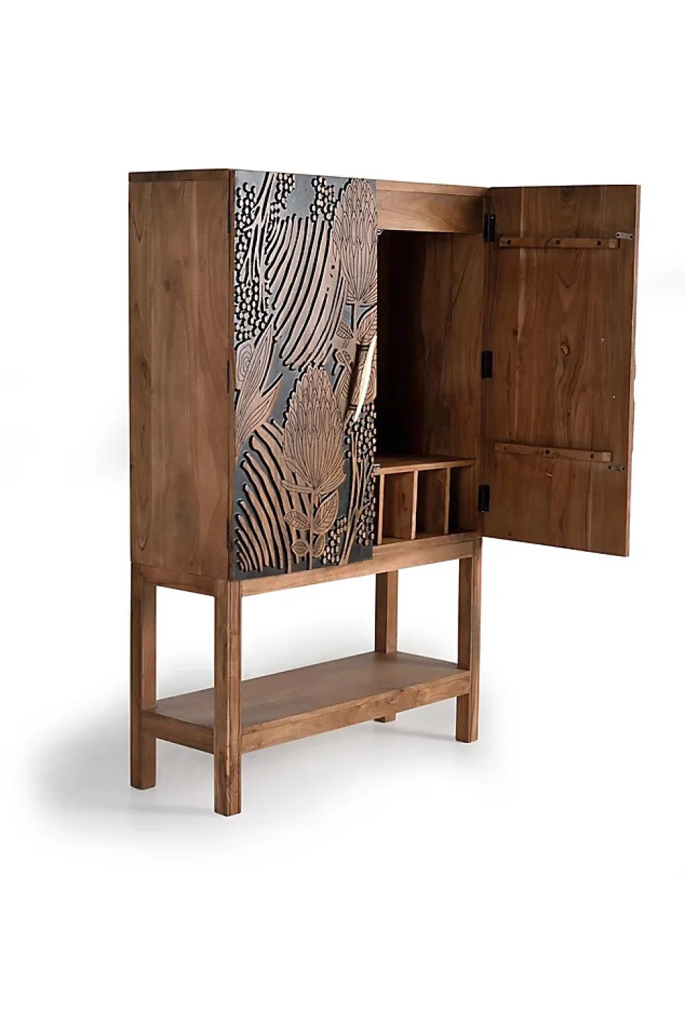Armoire à bouteilles en bois d'acacia sculptée a main