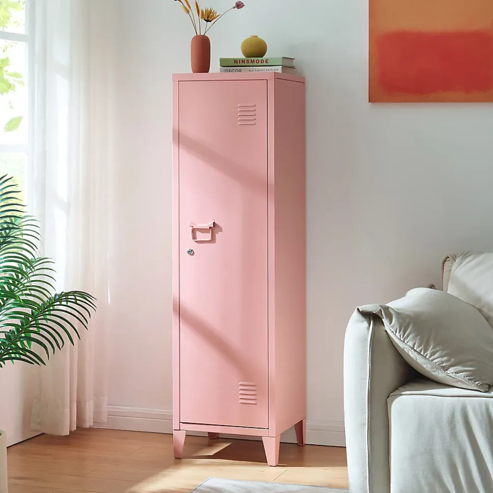 Armoire à casier Kurikka métallique vérouillable 137 x 38 x 38 cm rose en.casa
