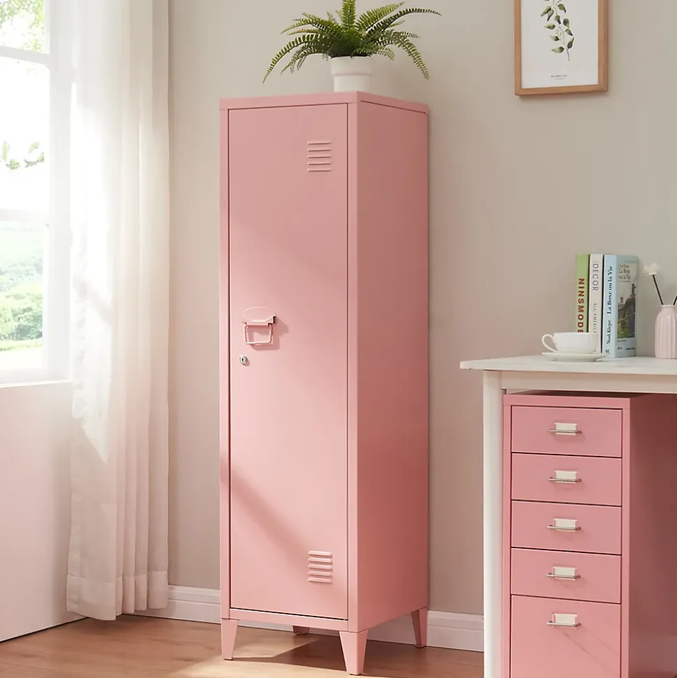 Armoire à casier Kurikka métallique vérouillable 137 x 38 x 38 cm rose en.casa