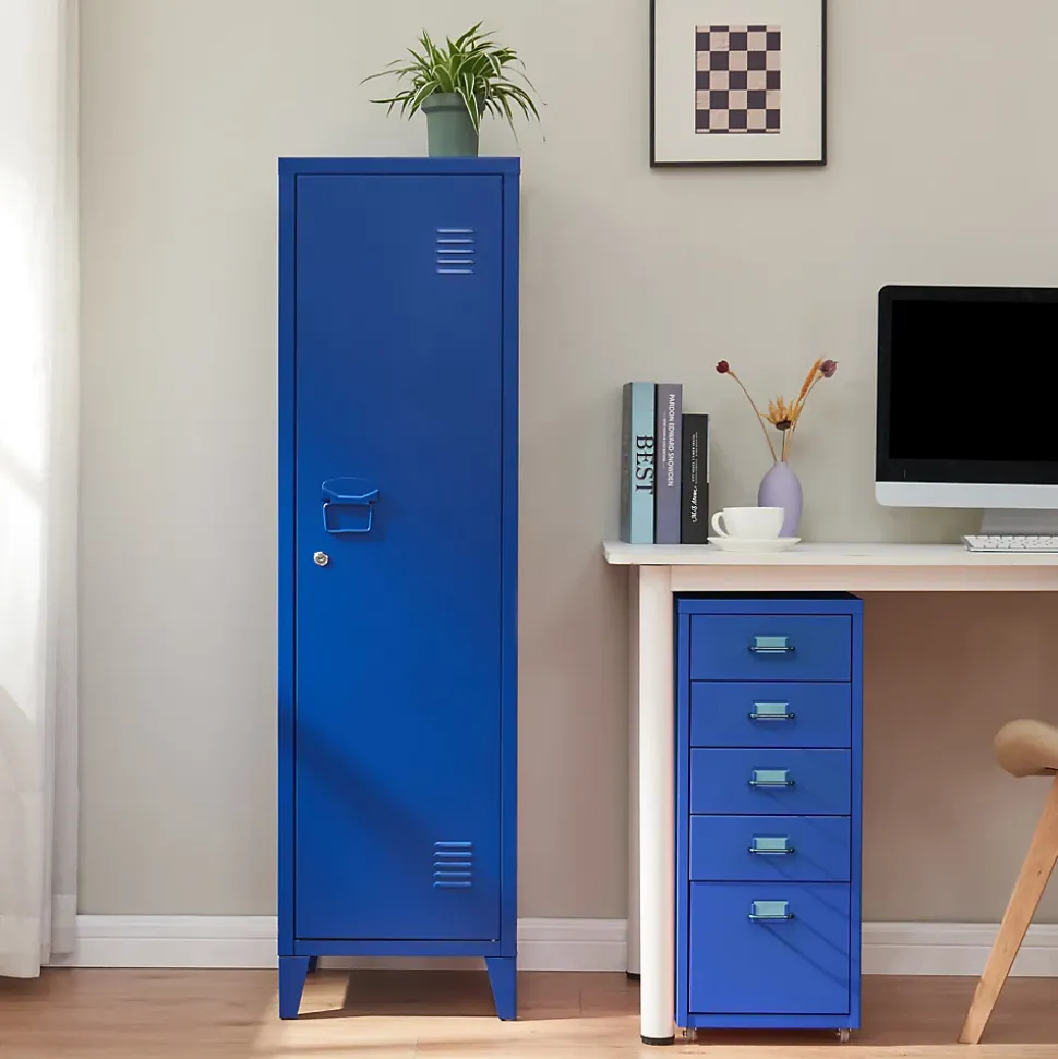 Armoire à casier Kurikka métallique vérouillable 137 x 38 x 38 cm bleu en.casa