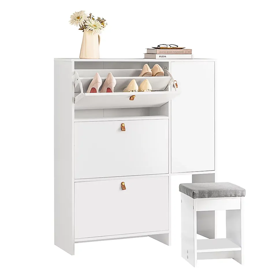 Armoire à Chaussures 3 abattants avec Tabouret à Chaussures, FSR107-W, SoBuy