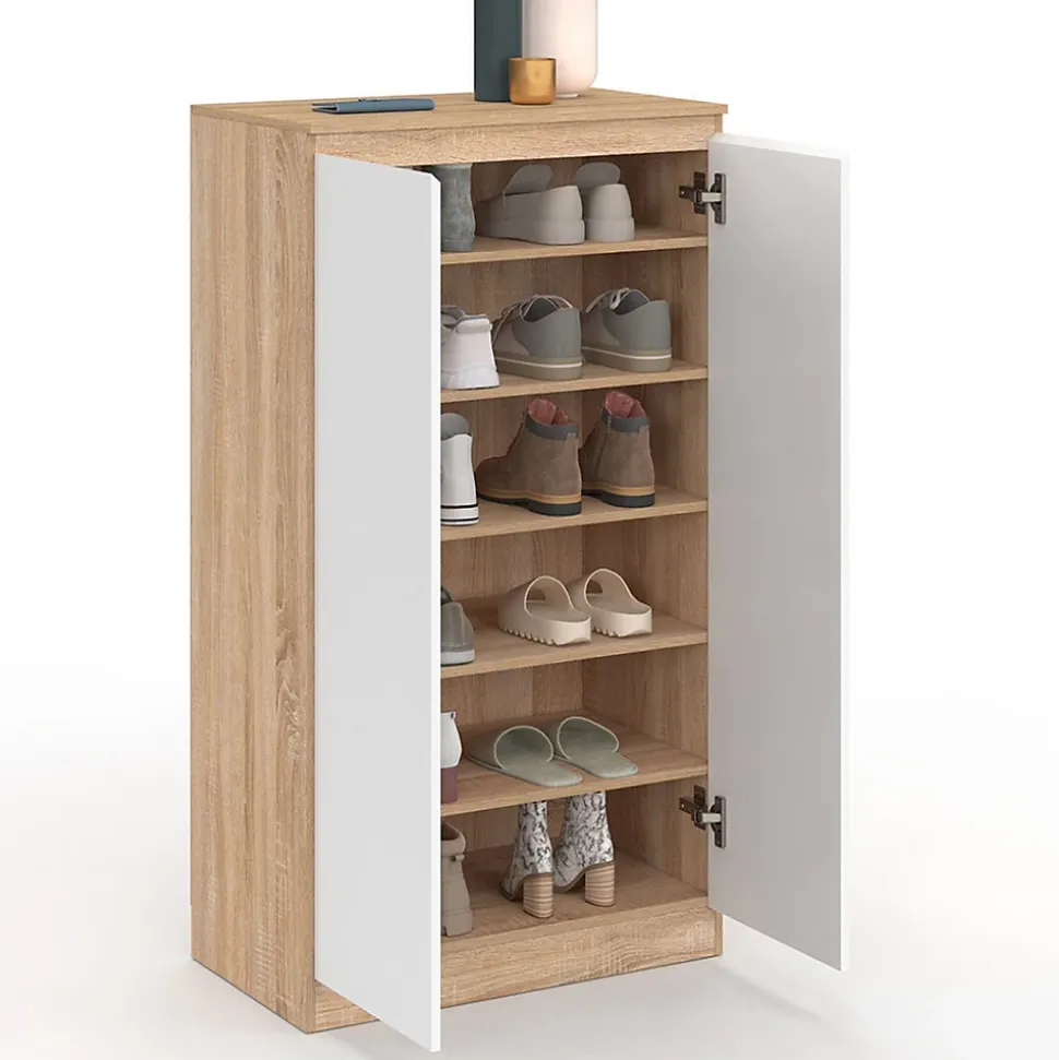 Armoire à chaussures 18 paires TOMI 2 portes façon hêtre et blanc