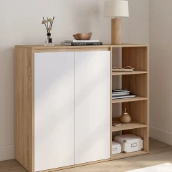 Armoire à chaussures 12 paires TOMI 2 portes avec 4 étagères façon hêtre et blanc
