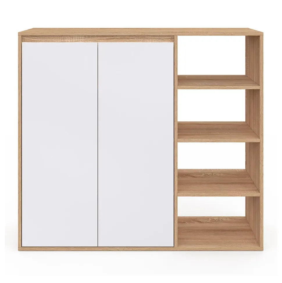 Armoire à chaussures 12 paires TOMI 2 portes avec 4 étagères façon hêtre et blanc