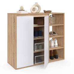Armoire à chaussures 12 paires TOMI 2 portes avec 4 étagères façon hêtre et blanc