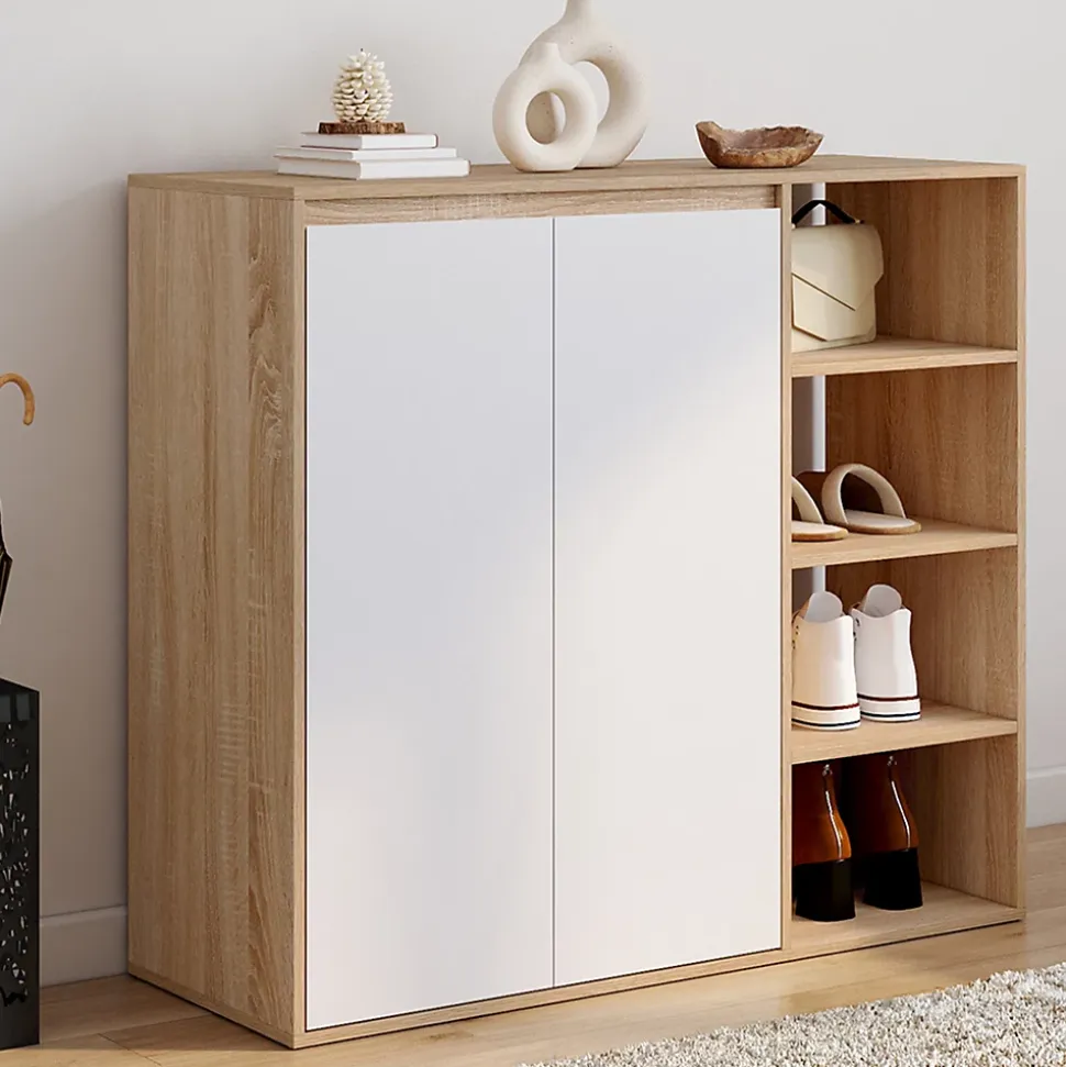Armoire à chaussures 12 paires TOMI 2 portes avec 4 étagères façon hêtre et blanc