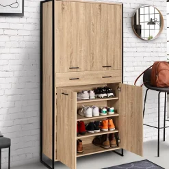 Armoire à chaussures 24 paires LUIS 4 portes avec tiroir design industriel H. 180 cm