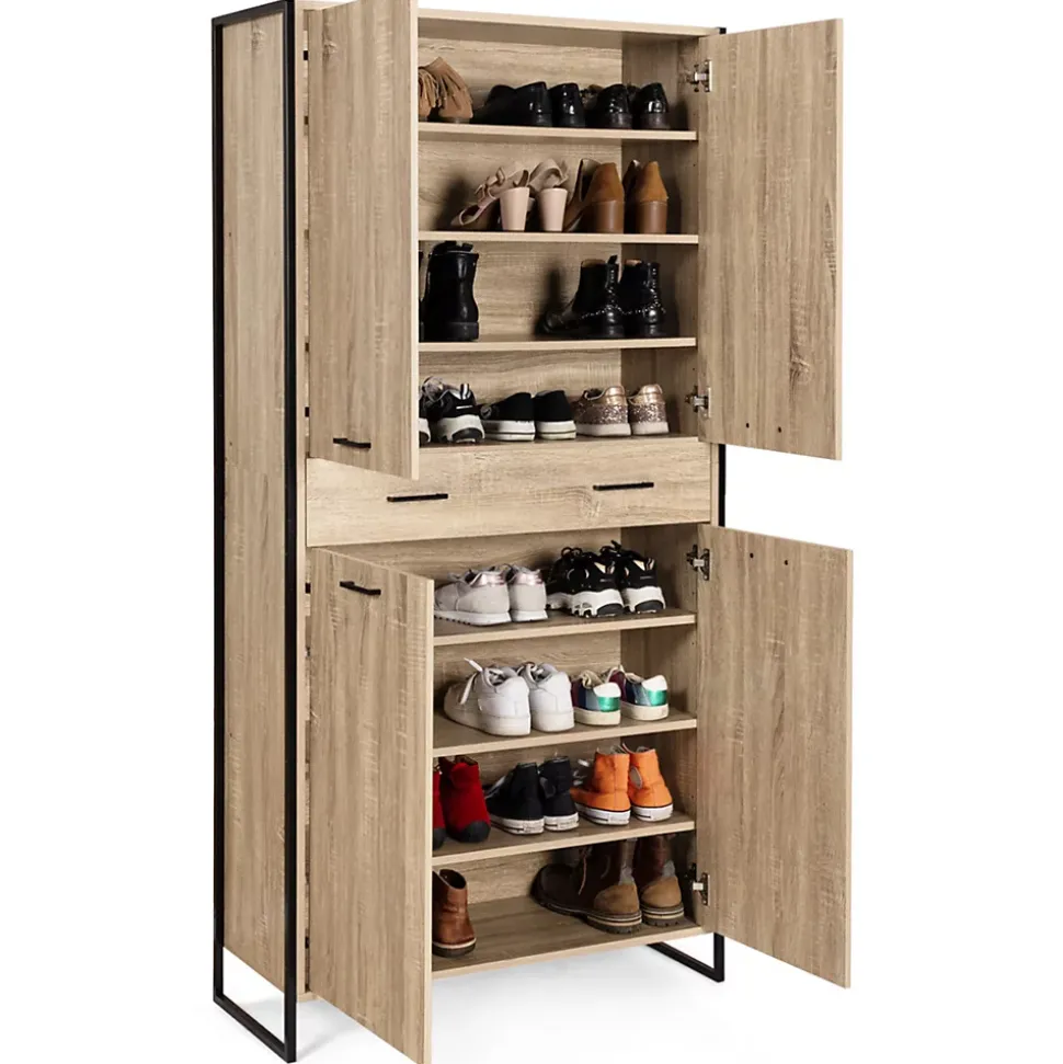 Armoire à chaussures 24 paires LUIS 4 portes avec tiroir design industriel H. 180 cm