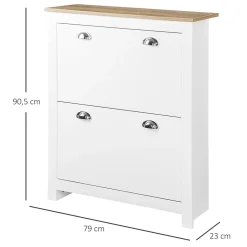 Armoire à chaussures 2 portes abattantes 2 compartiments poignées coquilles métal MDF blanc chêne clair