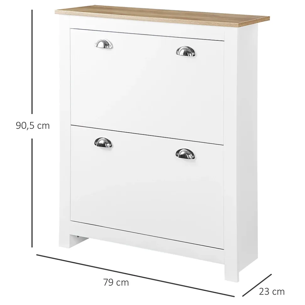 Armoire à chaussures 2 portes abattantes 2 compartiments poignées coquilles métal MDF blanc chêne clair