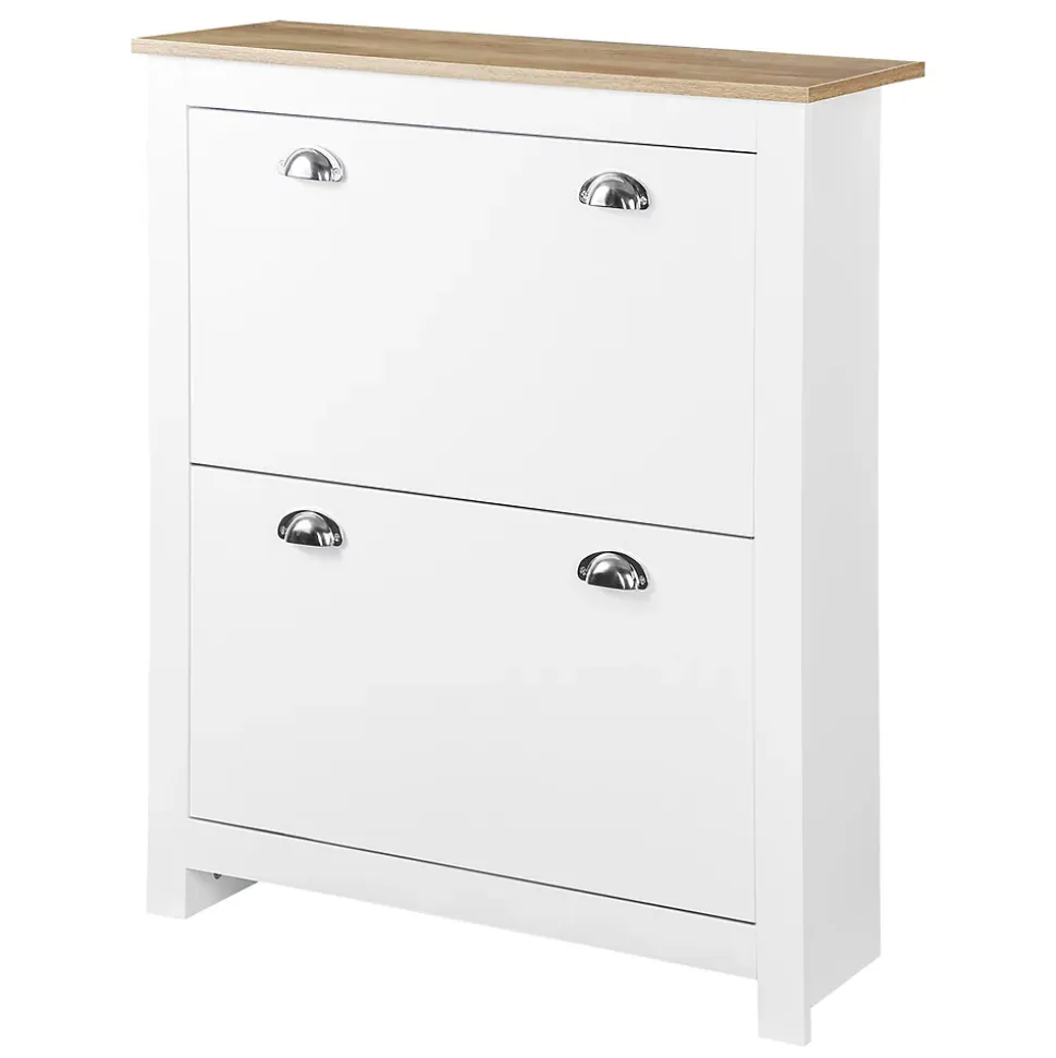 Armoire à chaussures 2 portes abattantes 2 compartiments poignées coquilles métal MDF blanc chêne clair