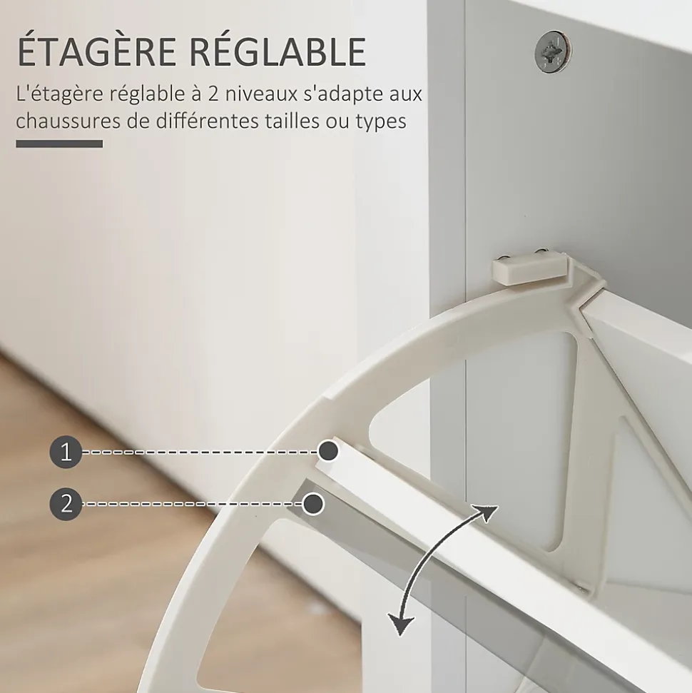 Armoire à chaussures 2 portes abattantes 2 compartiments poignées coquilles métal MDF blanc chêne clair