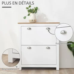 Armoire à chaussures 2 portes abattantes 2 compartiments poignées coquilles métal MDF blanc chêne clair