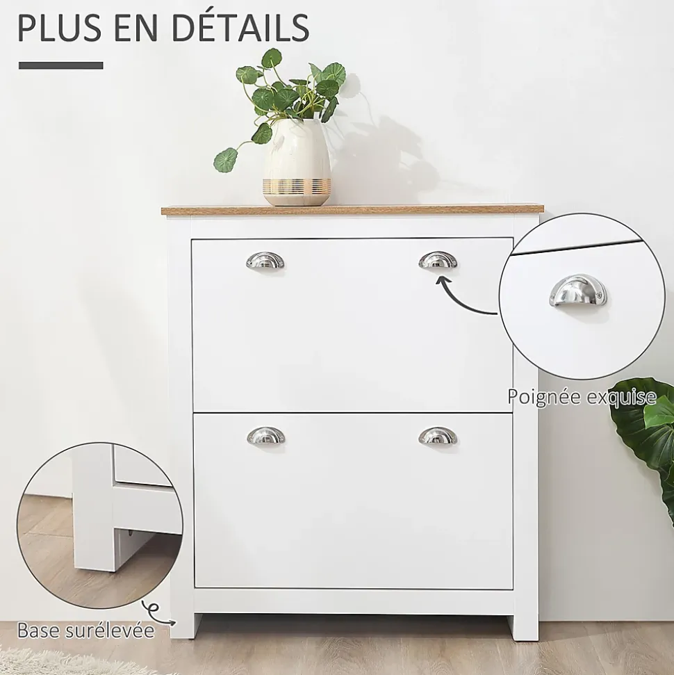 Armoire à chaussures 2 portes abattantes 2 compartiments poignées coquilles métal MDF blanc chêne clair