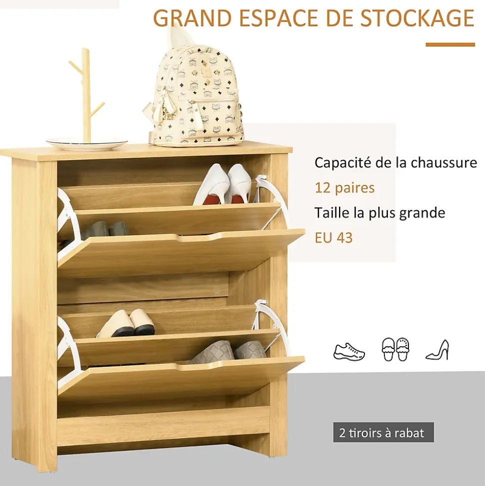 Armoire à chaussures 2 portes abattantes 2 compartiments panneaux particules aspect bois