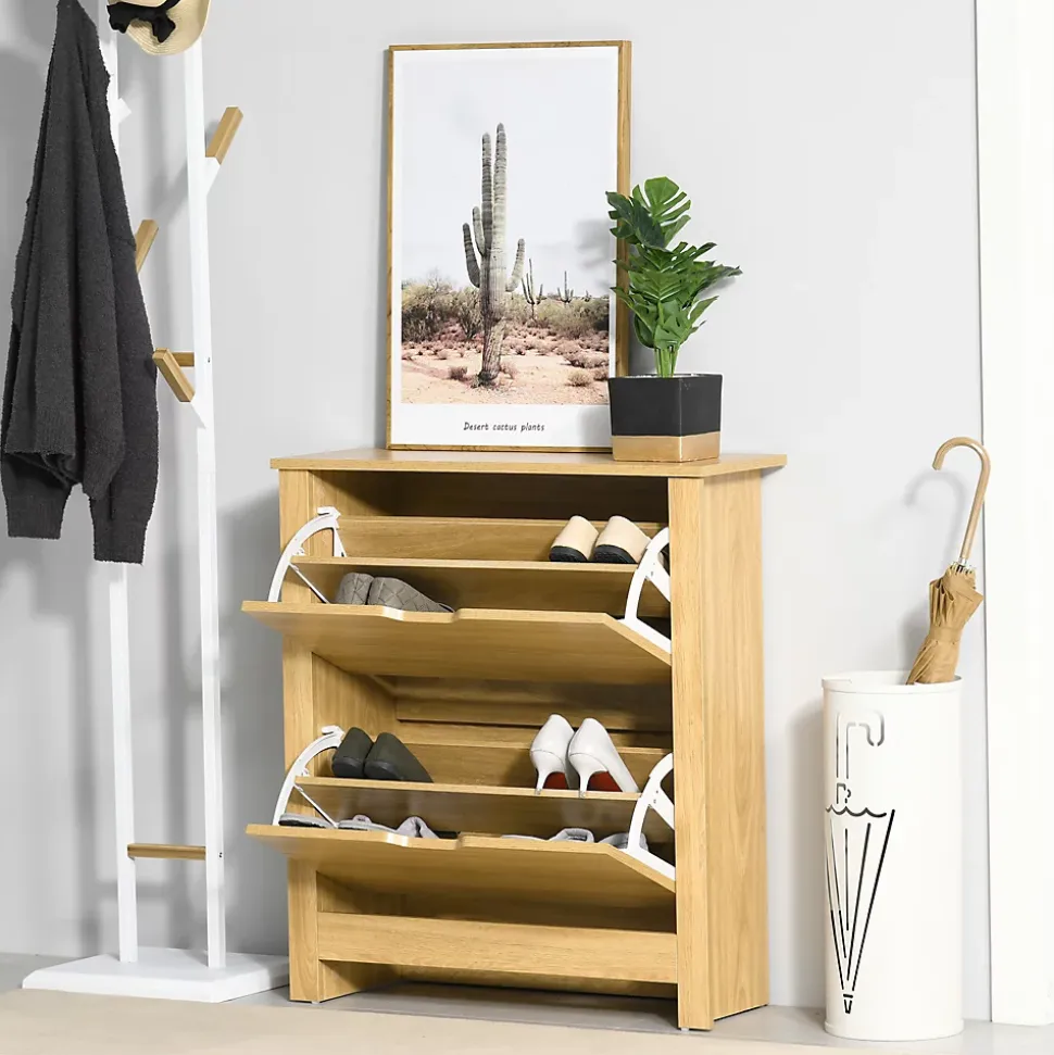 Armoire à chaussures 2 portes abattantes 2 compartiments panneaux particules aspect bois