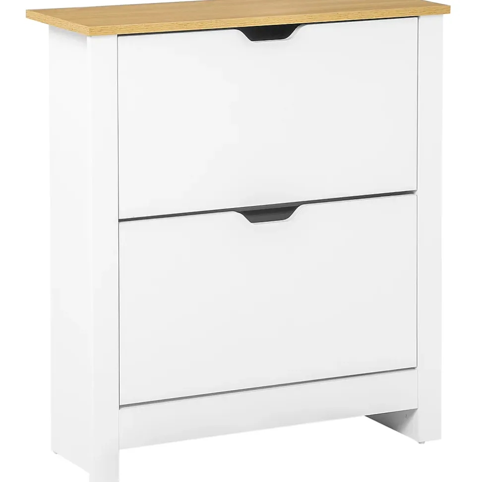 Armoire à chaussures 2 portes abattantes 2 compartiments panneaux particules blanc chêne