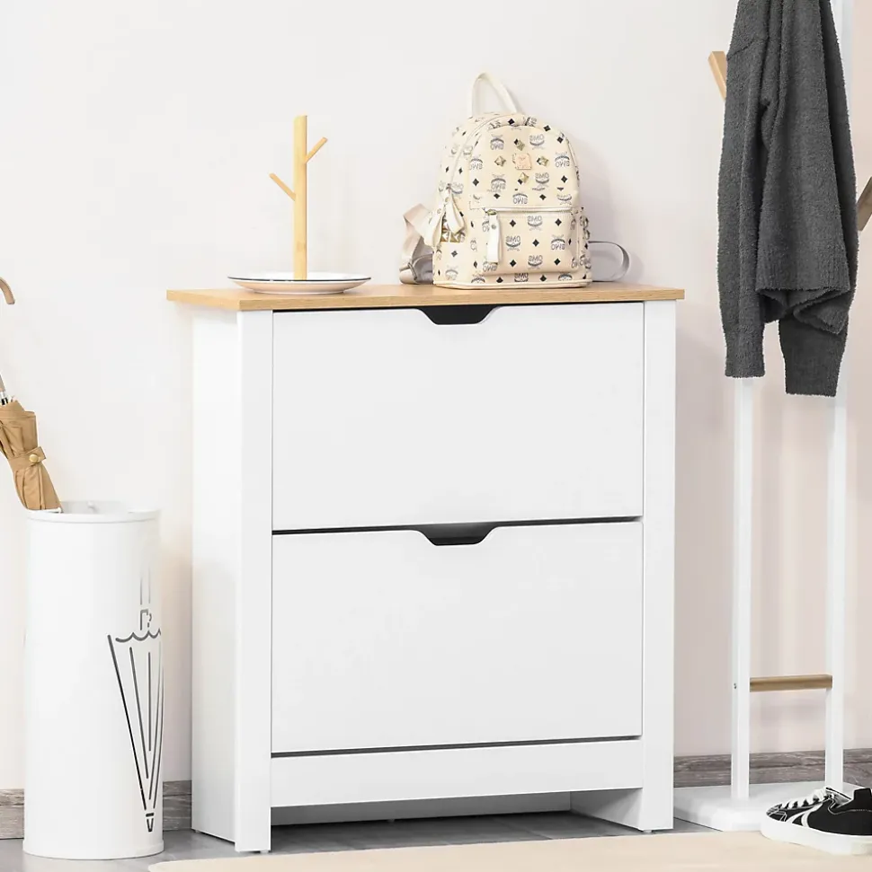 Armoire à chaussures 2 portes abattantes 2 compartiments panneaux particules blanc chêne