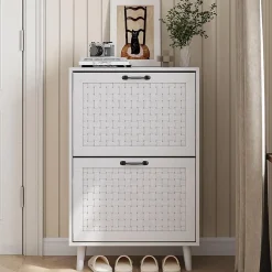 Armoire à chaussures avec tiroirs en rotin faits main, armoire à chaussures indépendante avec pieds en bois massif