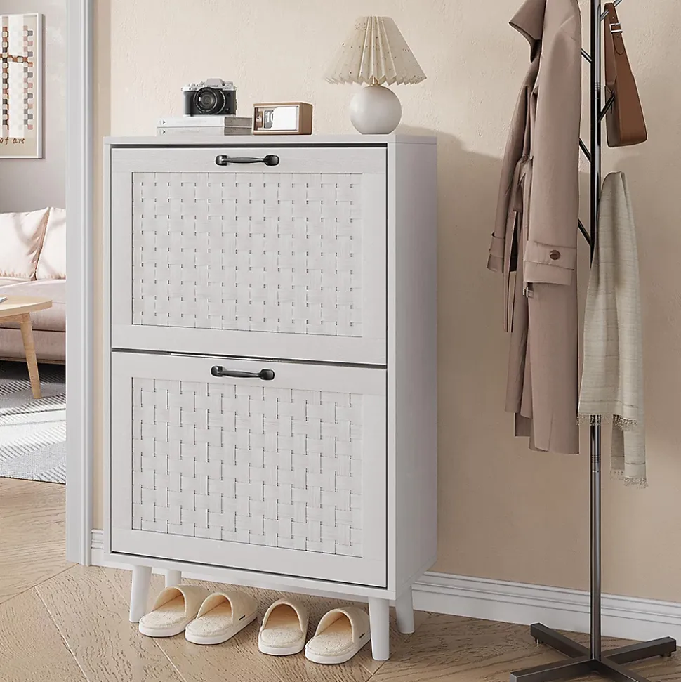 Armoire à chaussures avec tiroirs en rotin faits main, armoire à chaussures indépendante avec pieds en bois massif