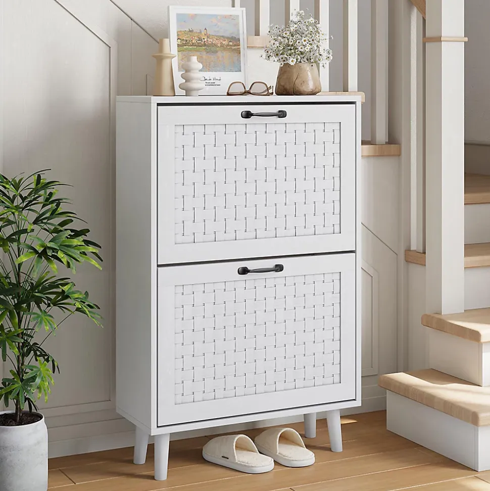 Armoire à chaussures avec tiroirs en rotin faits main, armoire à chaussures indépendante avec pieds en bois massif