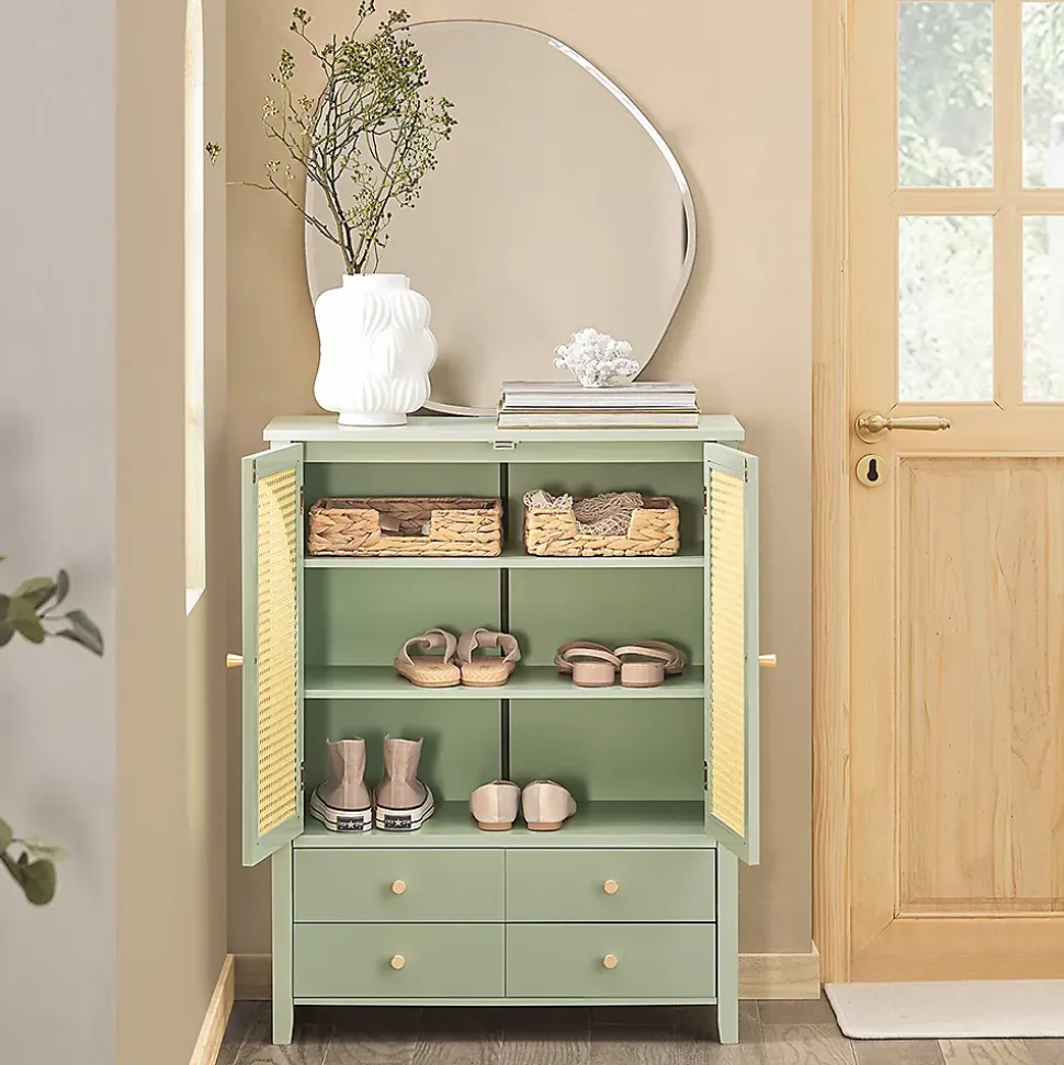 Armoire à Chaussures Buffet 4 Tiroirs 2 Portes en Ploy Rotin, FSB72-GR, SoBuy