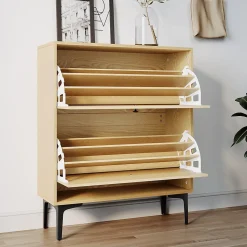 Armoire à Chaussures d'Entrée Blanc SIRHONA 97x30x80cm Meuble de Rangement sur Pied en métal avec 2 Porte à Abattant