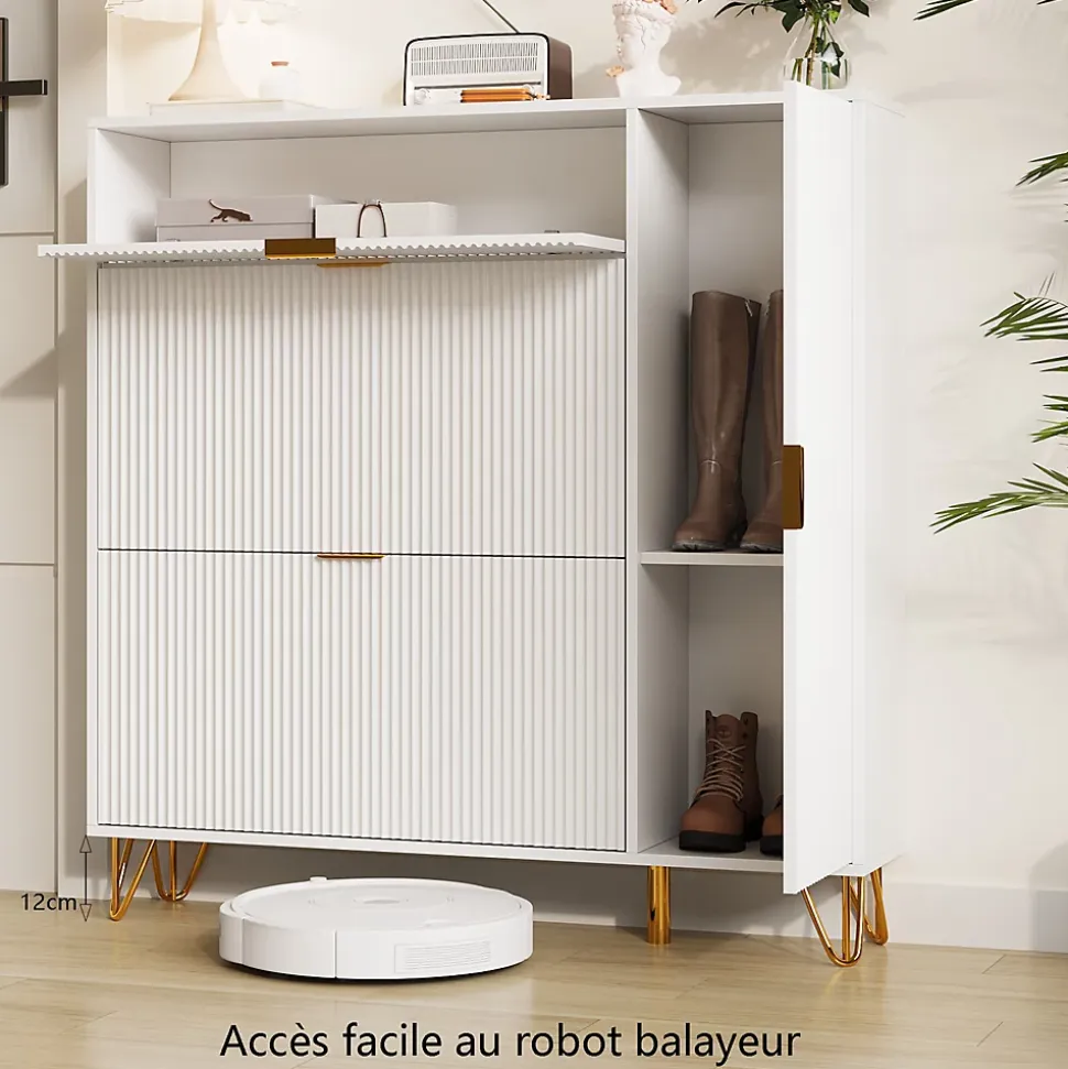 Armoire à chaussures moderne, rangement pratique, étagères réglables, pieds métal stables, surface étanche, 110x24x144.5 cm, blanc
