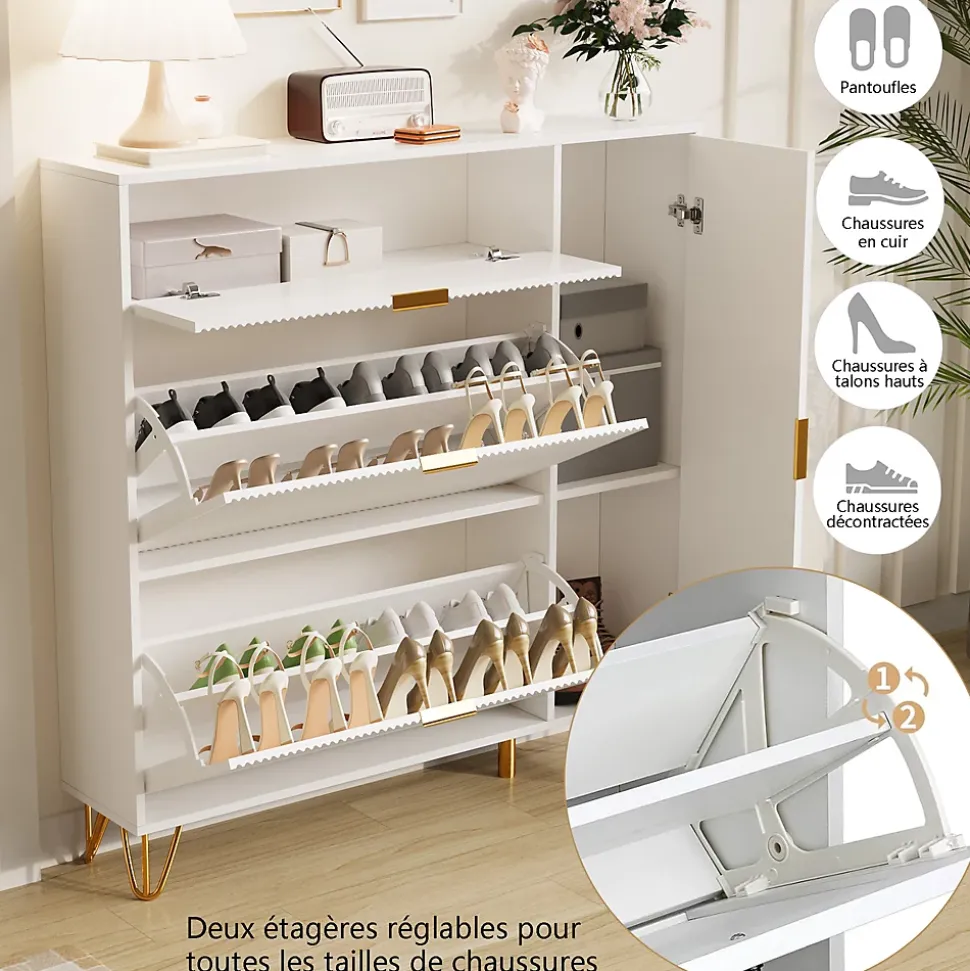 Armoire à chaussures moderne, rangement pratique, étagères réglables, pieds métal stables, surface étanche, 110x24x144.5 cm, blanc