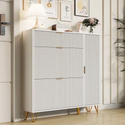 Armoire à chaussures moderne, rangement pratique, étagères réglables, pieds métal stables, surface étanche, 110x24x144.5 cm, blanc