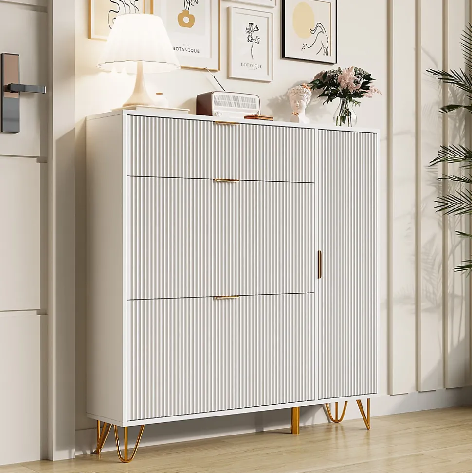 Armoire à chaussures moderne, rangement pratique, étagères réglables, pieds métal stables, surface étanche, 110x24x144.5 cm, blanc