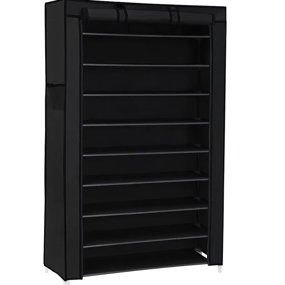 Armoire à chaussures noire à 10 niveaux avec housse de protection et fermeture éclair - L88 x H160 cm