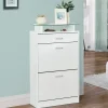 Armoire à chaussures organisateur de luxe pour chaussures 2 portes abattantes 2 compartiments tiroir étagère verre blanc