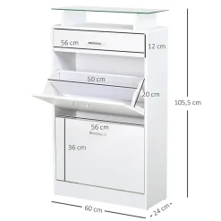 Armoire à chaussures organisateur de luxe pour chaussures 2 portes abattantes 2 compartiments tiroir étagère verre blanc